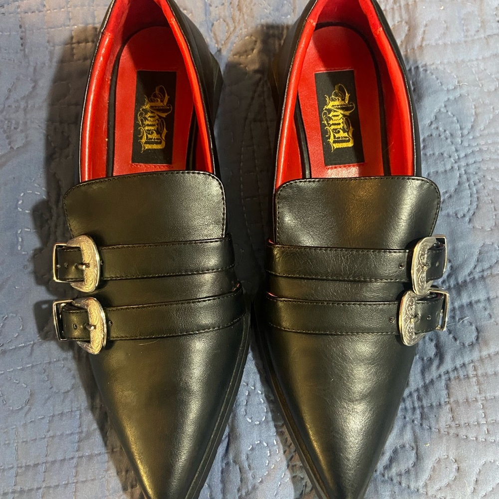 Kat Von D Bathroy  Pointed Loafers with Red Interior and Double Silver Buckles.